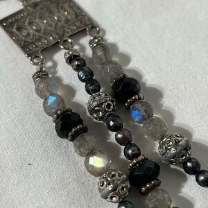 Moon Stone Pearl Black Quartz Sterling Silver Beaded Multistrand Bracelet